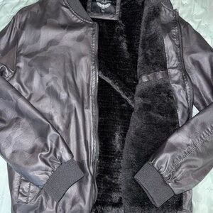 Brave Soul Men's Black Faux Leather Bomber Jacket with Faux Fur Lining